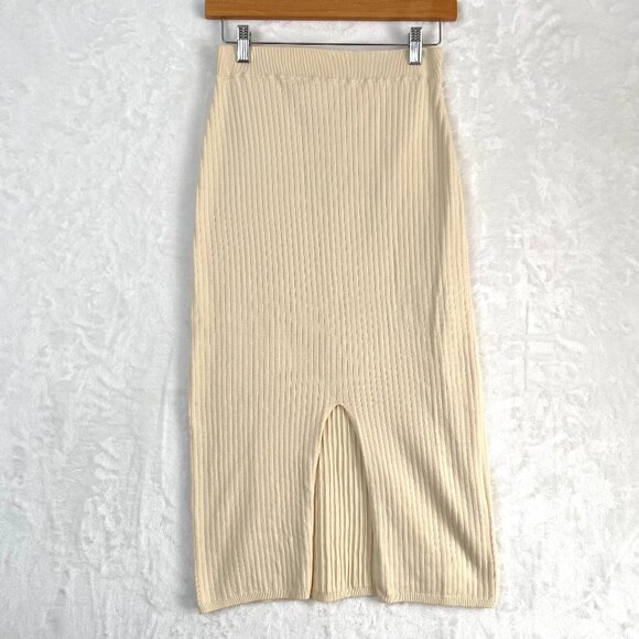 Free People Skyline Skirt Womens M Cream Ribbed Knit Midi Stretch - Picture 1 of 9